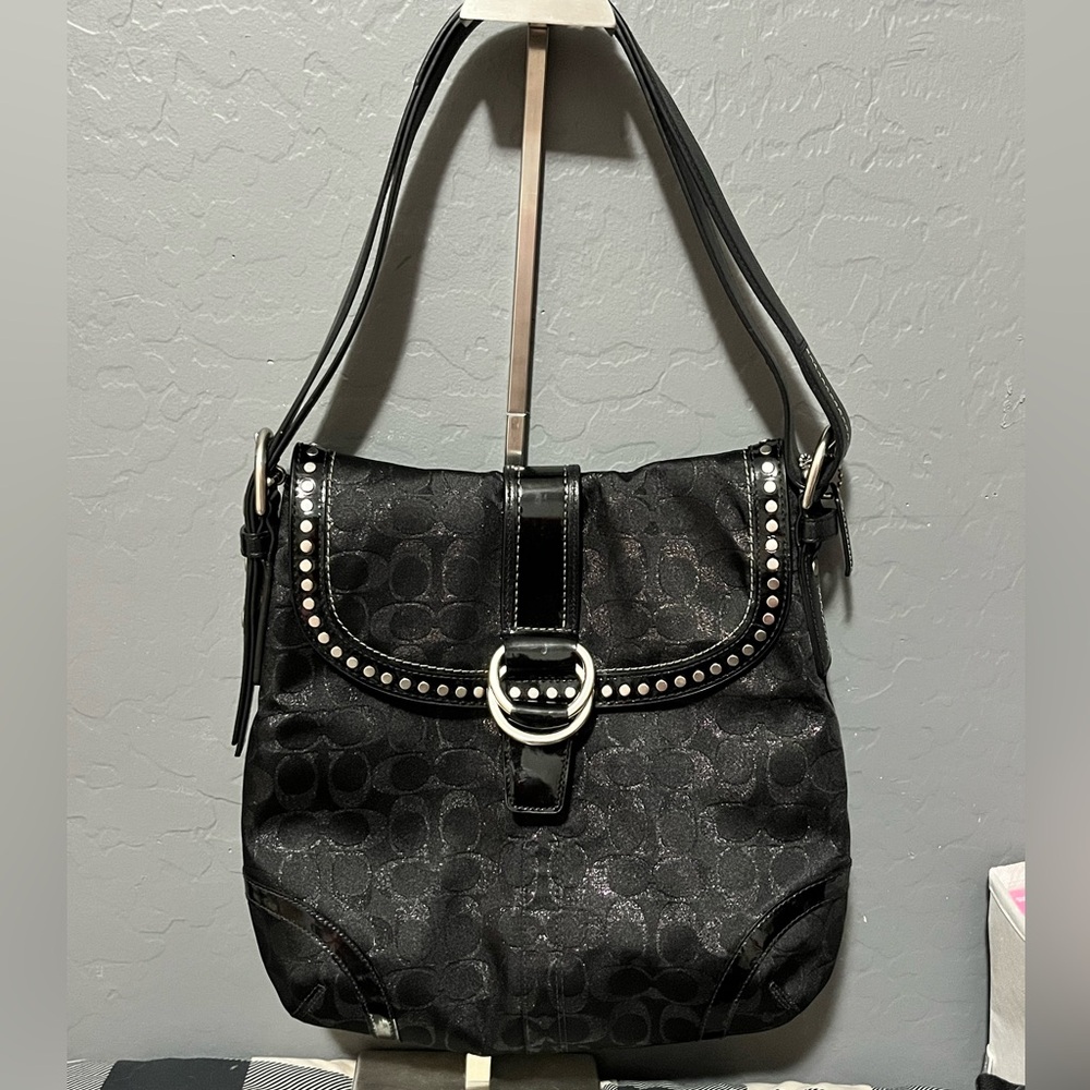 Coach Black Logo Jacquard Shoulder Bag with Studded Flap